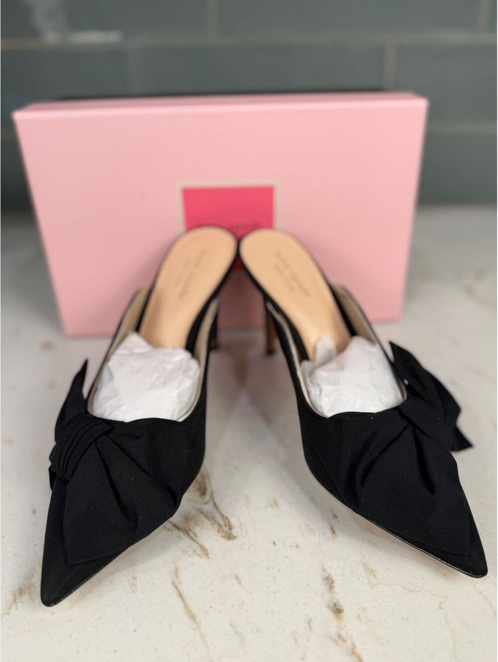 Kate Spade Women's Sheela Black Fabric Bow Mule Pumps NIB Sz 7.5B